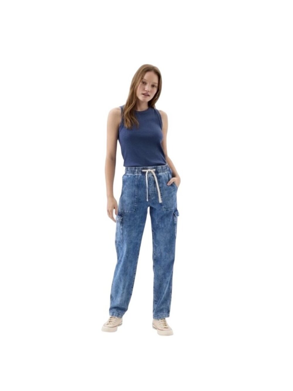 Gap Womens Elastic Waist Easy Cargo Jeans Light Wash Size S 100% Cotton Casual